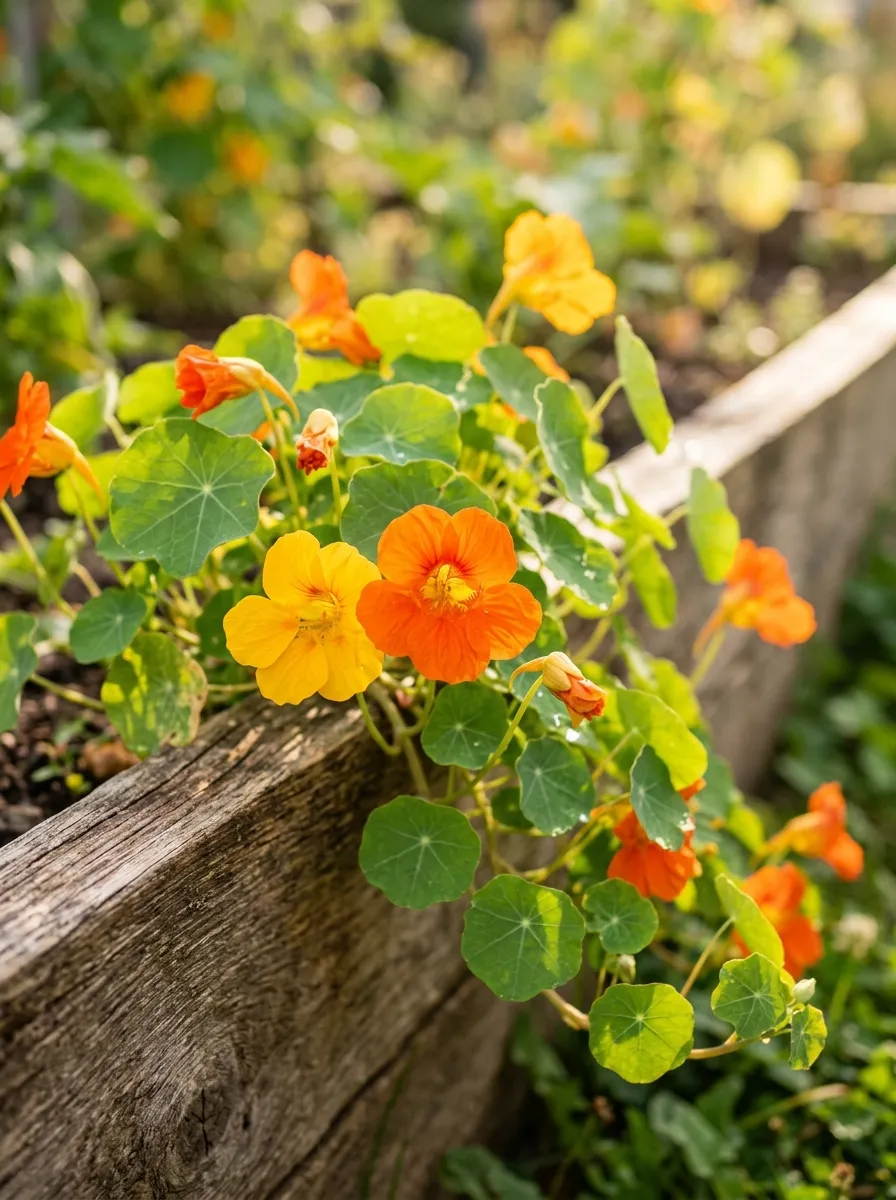 Bright orange and yellow nasturtium flowers trailing over a low wooden edge