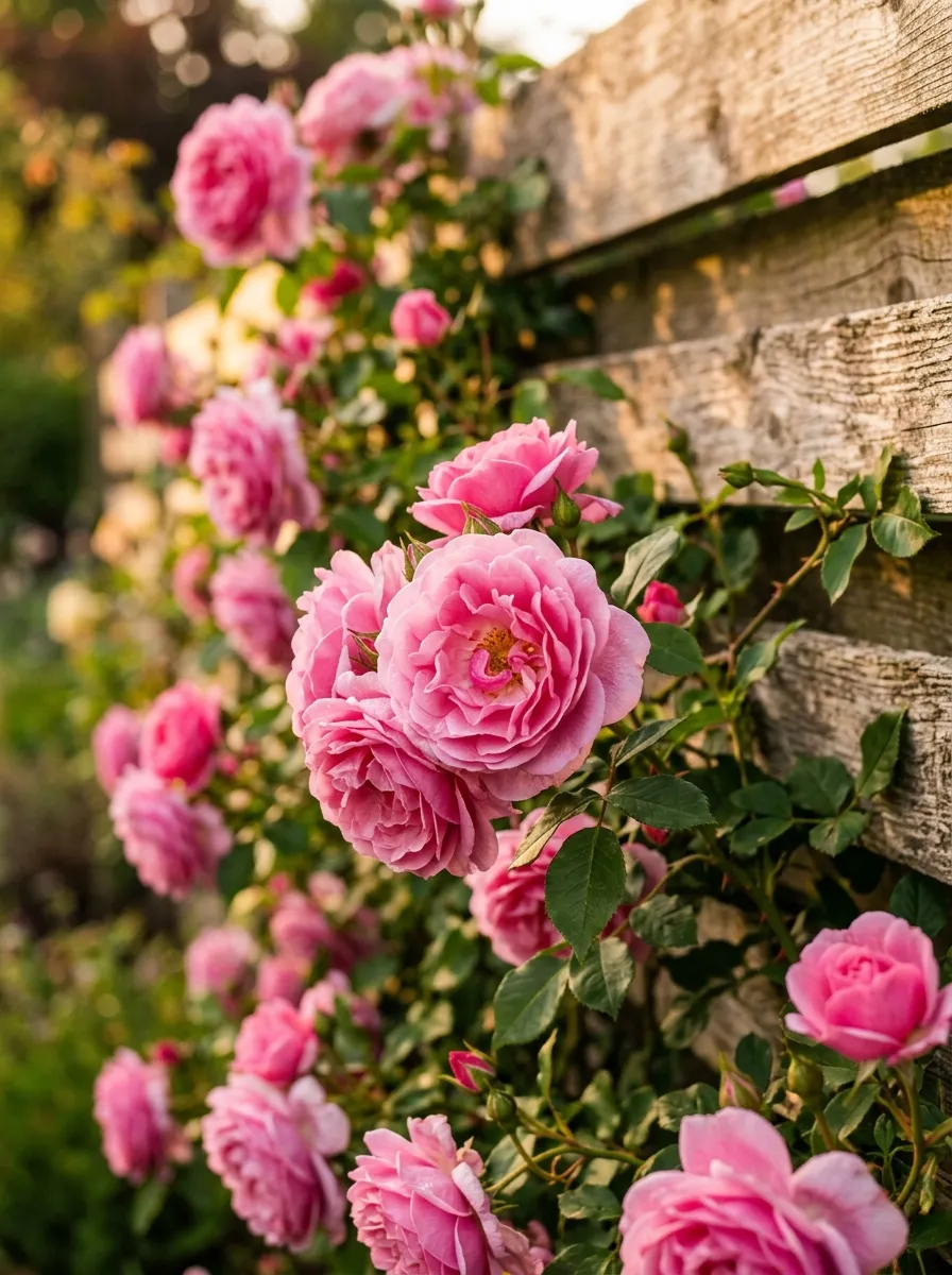 Climbing pink roses trained along a wooden fence, blooms overflowing