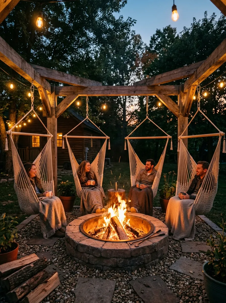 Create a Fire Pit Surrounded by String Hammocks