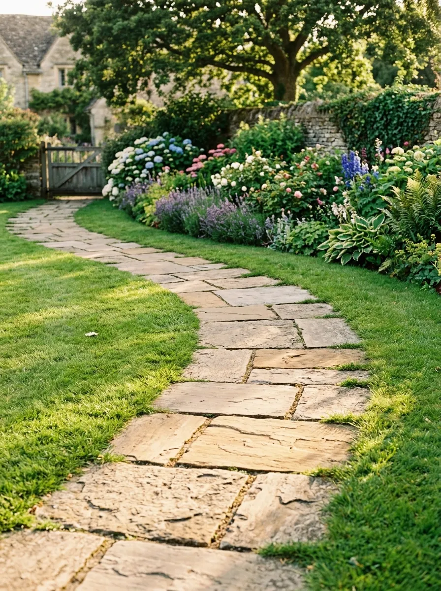 Large flat flagstones set into green grass in a gently curving line