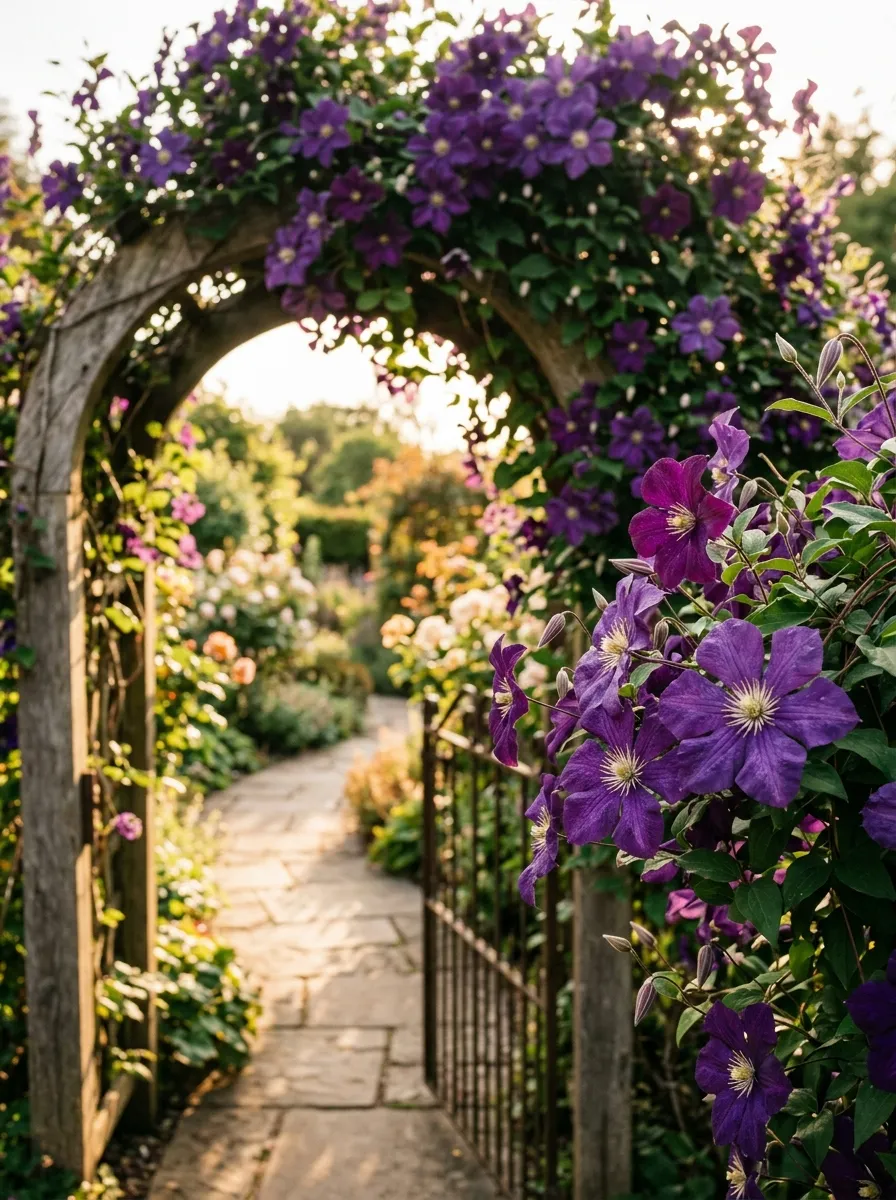 Purple clematis vines climbing over a garden entryway