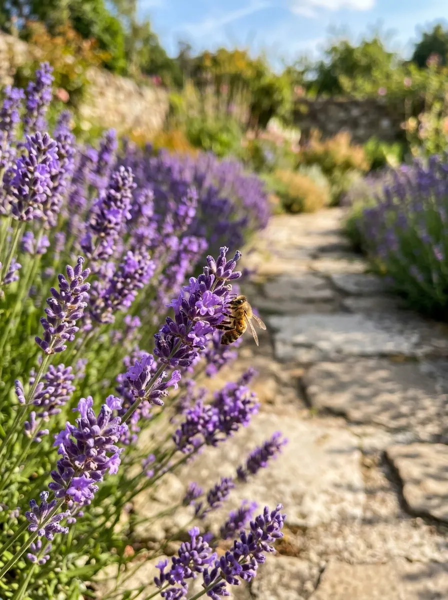Rows of purple lavender bordering a stone garden path
