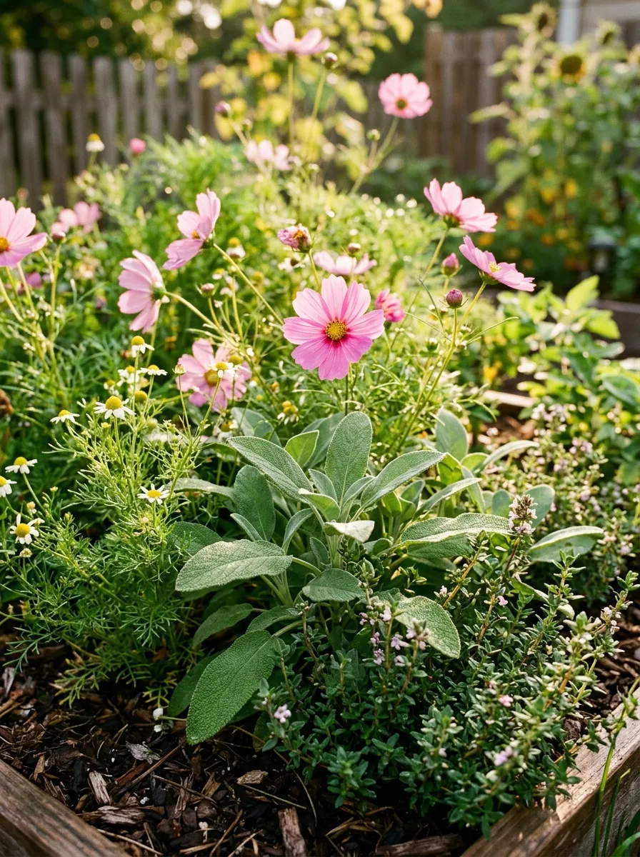 Sage, chamomile, and thyme growing intermixed with pink cosmos in a garden bed
