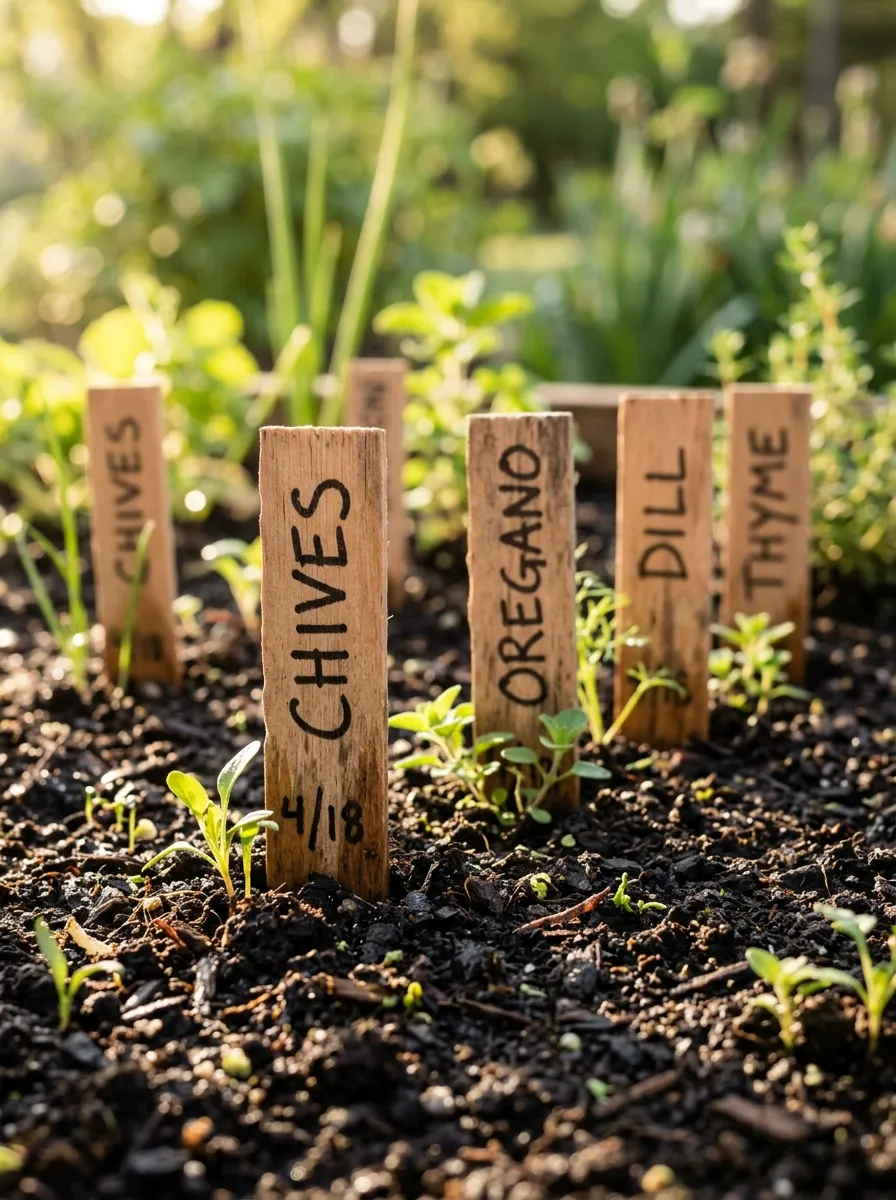 22 Easy Beginner Garden Ideas That Make Growing Plants Simple 11 Small wooden plant labels stuck in garden soil next to young seedlings