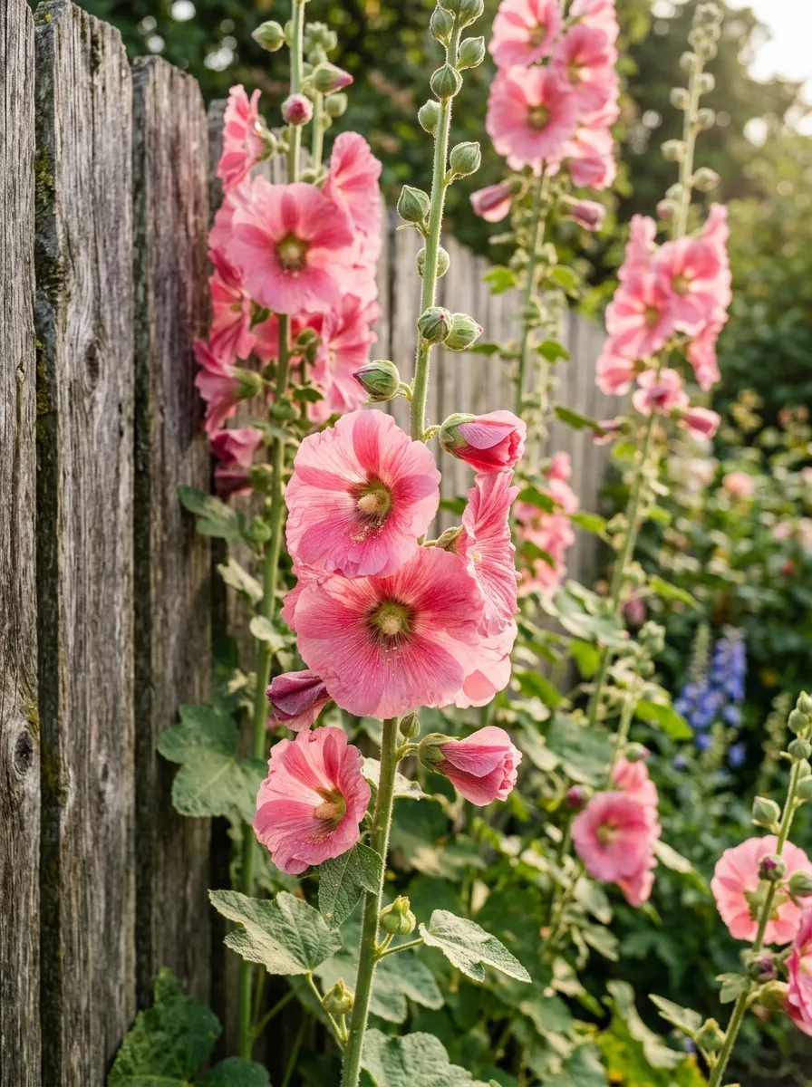 Tall pink hollyhocks growing against a weathered wooden fence