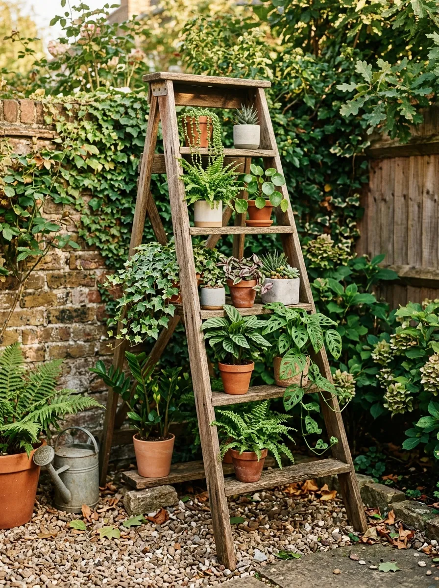 Use Repurposed Ladder Shelves for Container Groupings